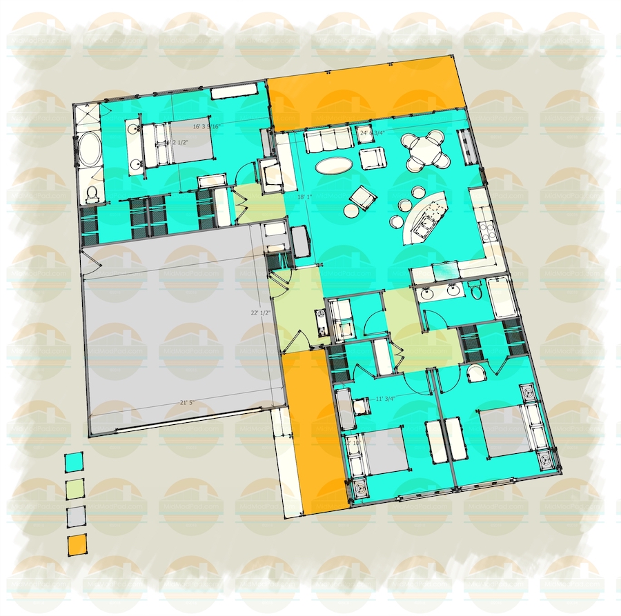 Modest 3 Bedroom Midcentury House Layout With 2 Car Garage